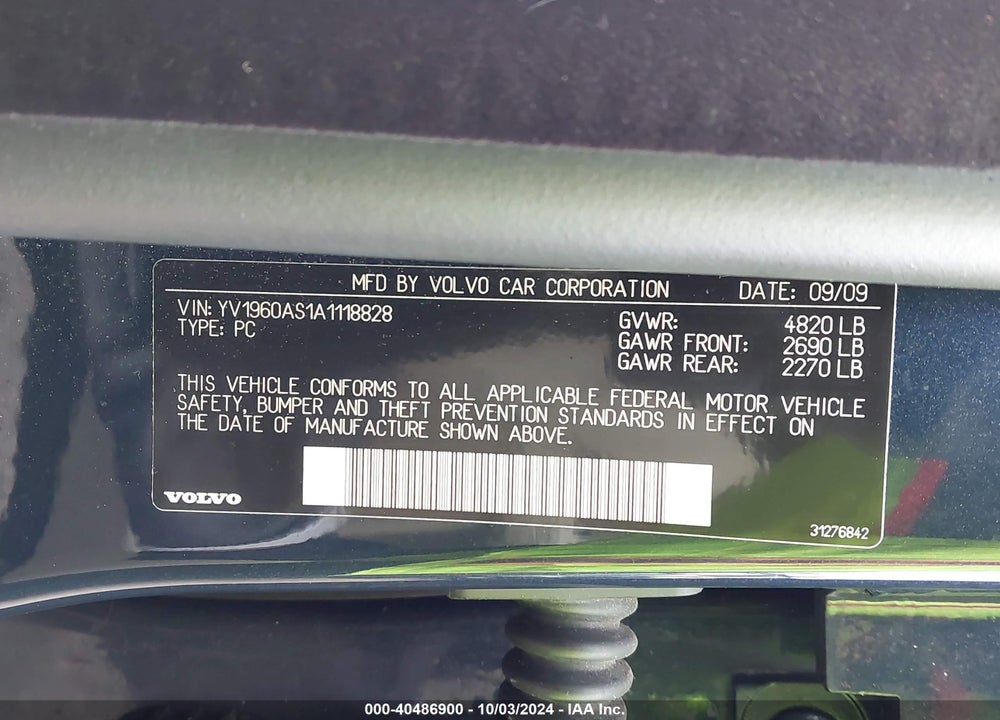 2010 VOLVO S80 3.2 VIN: YV1960AS1A1118828