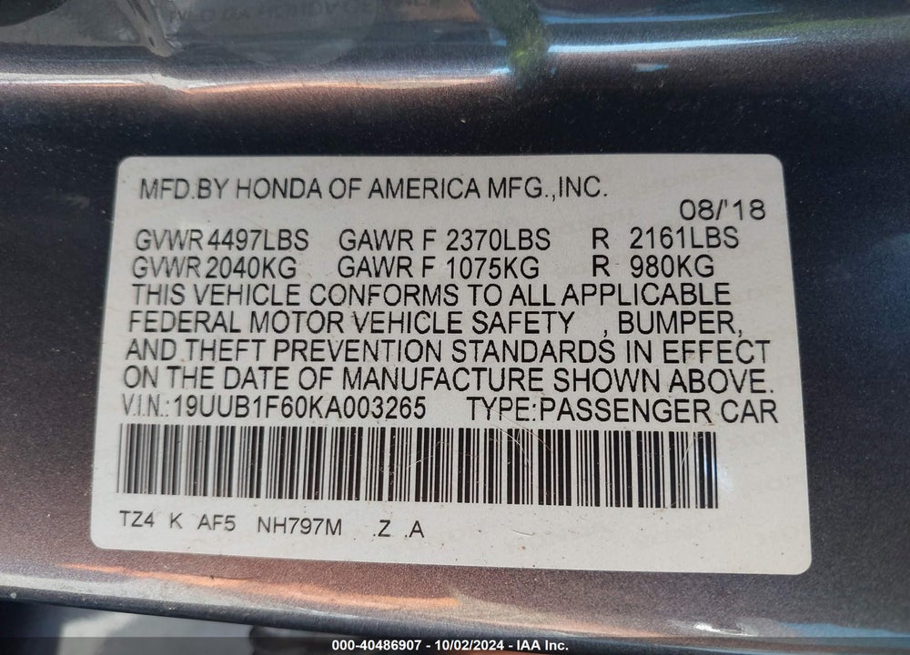 2019 ACURA TLX TECH & A-SPEC PKGS VIN: 19UUB1F60KA003265