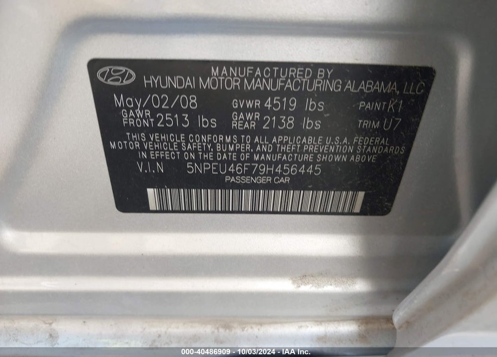 2009 HYUNDAI SONATA LIMITED V6 VIN: 5NPEU46F79H456445