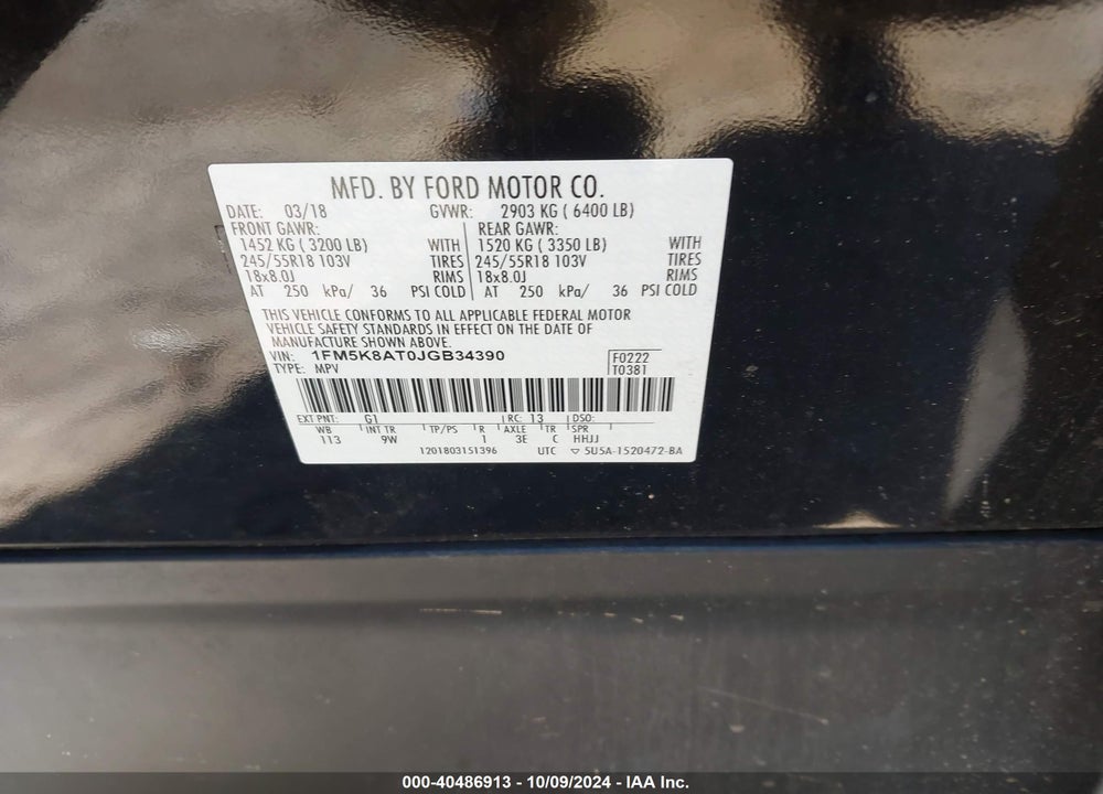 2018 FORD POLICE INTERCEPTOR UTILITY VIN: 1FM5K8AT0JGB34390