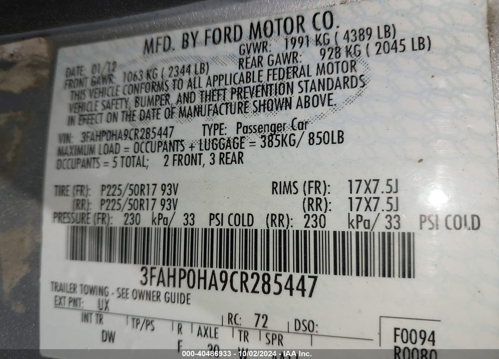 2012 FORD FUSION SE VIN: 3FAHP0HA9CR285447