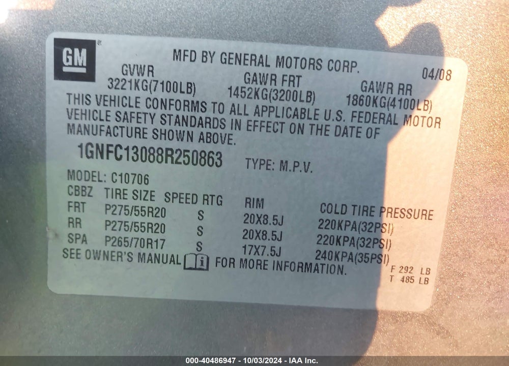 2008 CHEVROLET TAHOE LT VIN: 1GNFC13088R250863