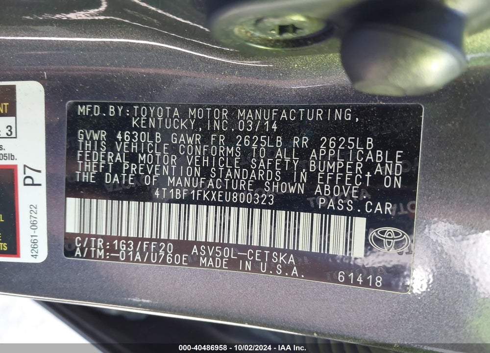 2014 TOYOTA CAMRY SE VIN: 4T1BF1FKXEU800323