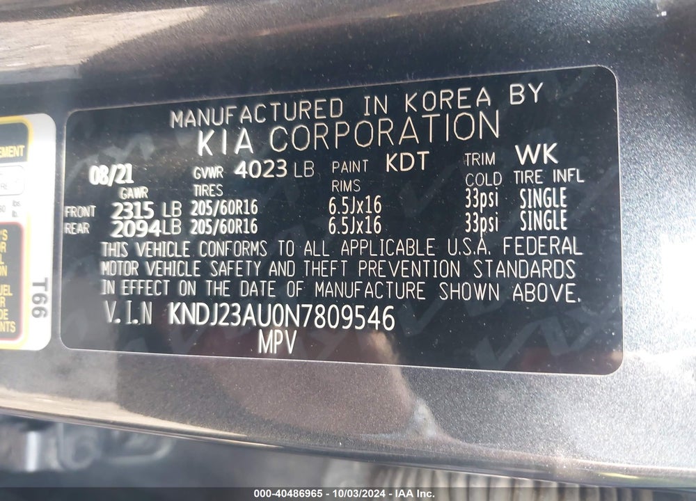 2022 KIA SOUL LX VIN: KNDJ23AU0N7809546