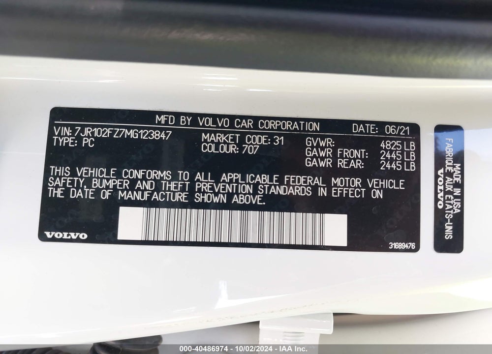 2021 VOLVO S60 T5 MOMENTUM VIN: 7JR102FZ7MG123847