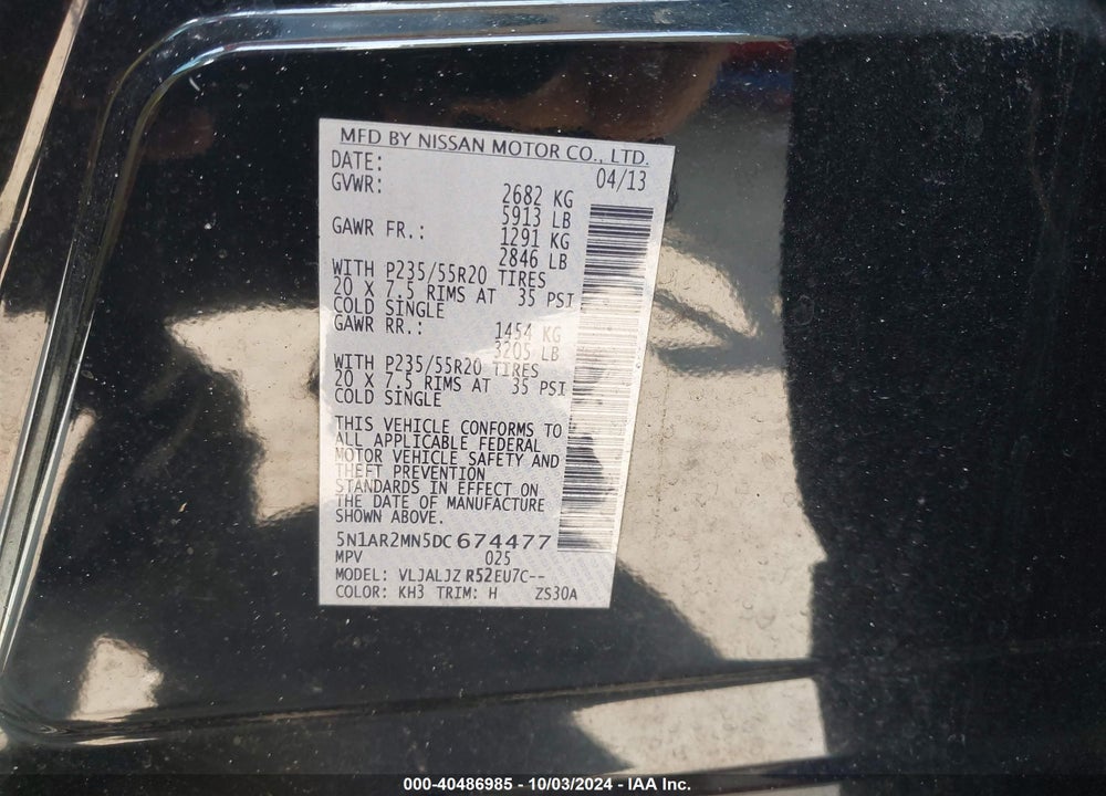 2013 NISSAN PATHFINDER PLATINUM VIN: 5N1AR2MN5DC674477