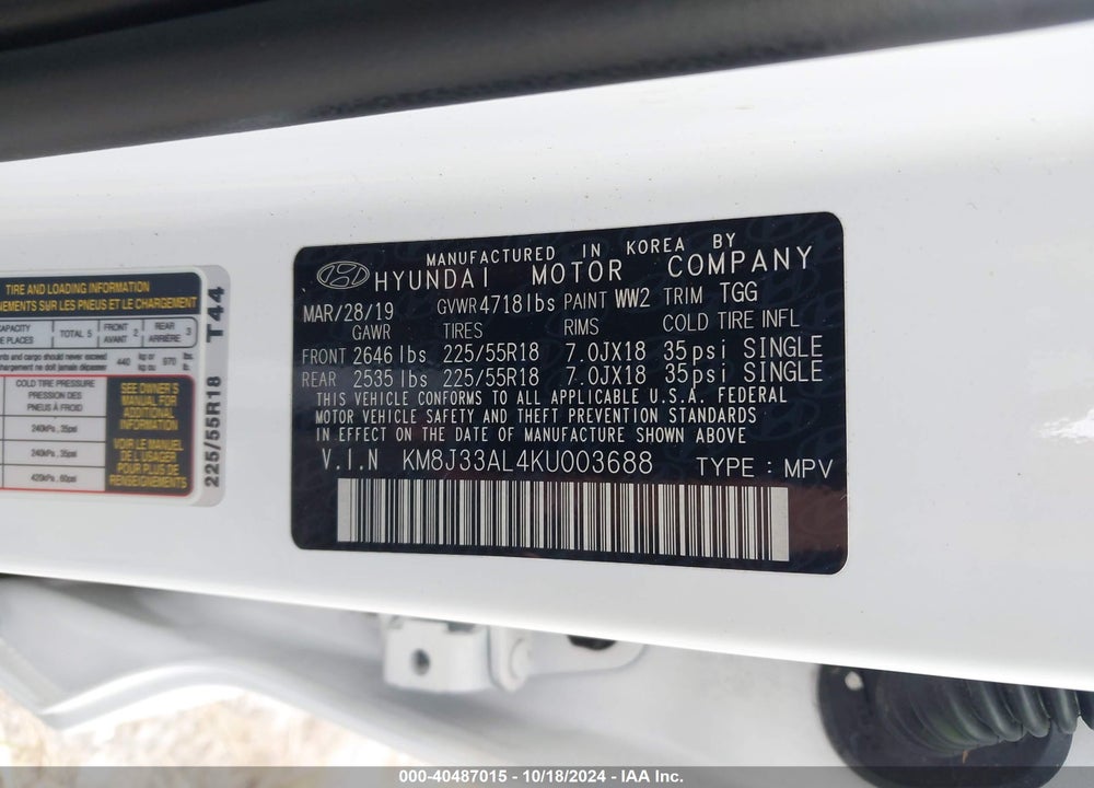 2019 HYUNDAI TUCSON SEL VIN: KM8J33AL4KU003688