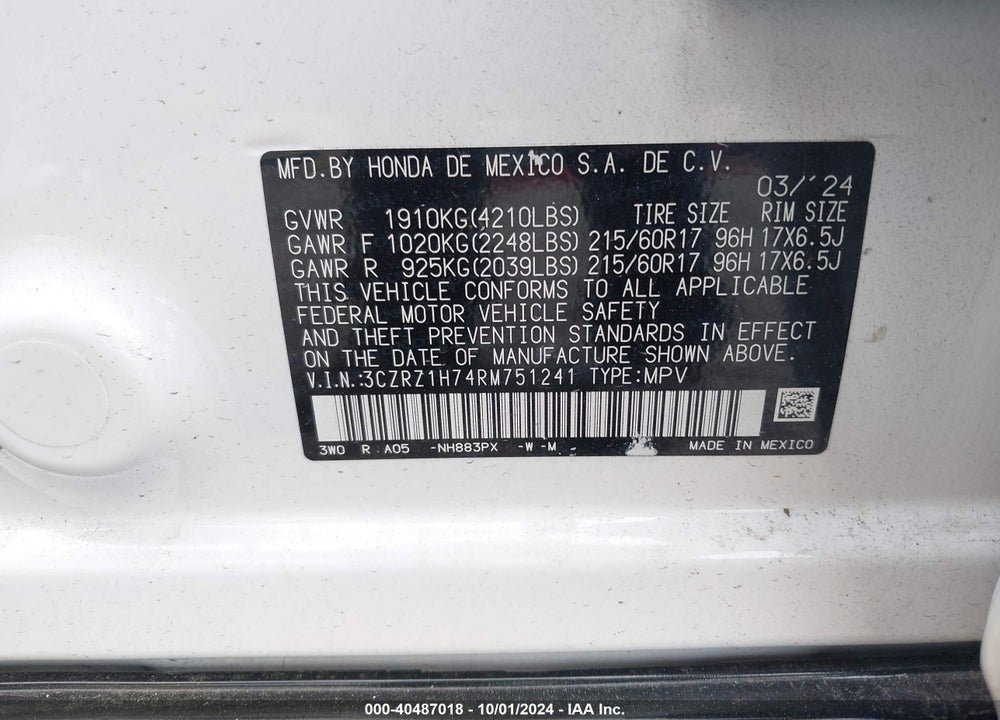 2024 HONDA HR-V 2WD EX-L/2WD EX-L W/O BSI VIN: 3CZRZ1H74RM751241