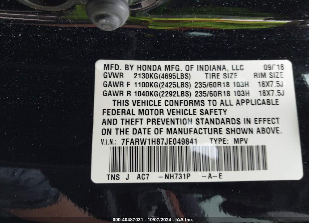 2018 HONDA CR-V EX-L/EX-L NAVI VIN: 7FARW1H87JE049841