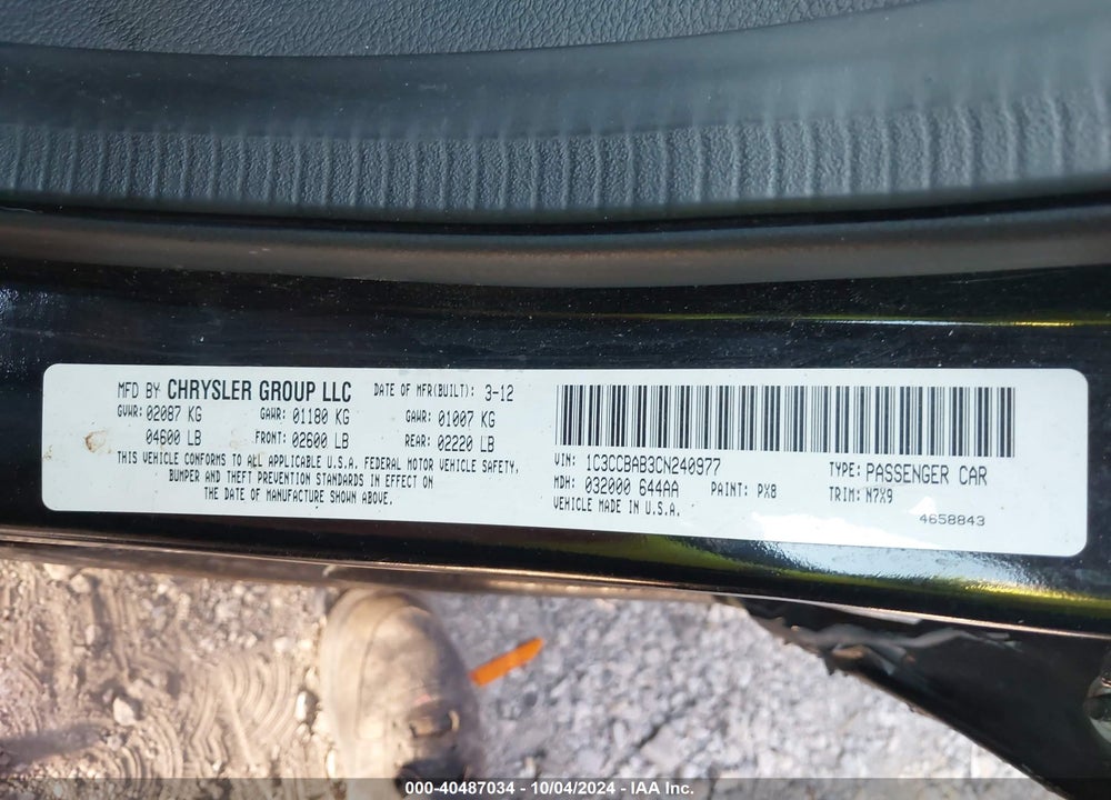 2012 CHRYSLER 200 LX VIN: 1C3CCBAB3CN240977