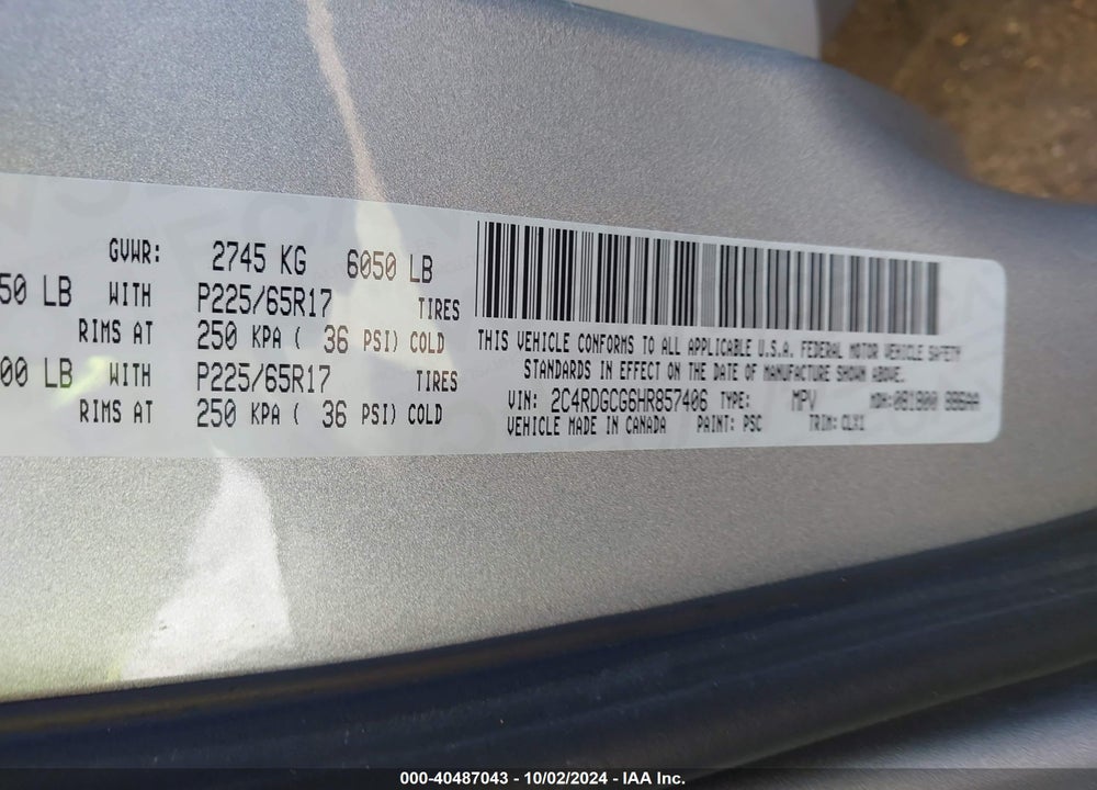 2017 DODGE GRAND CARAVAN SXT VIN: 2C4RDGCG6HR857406