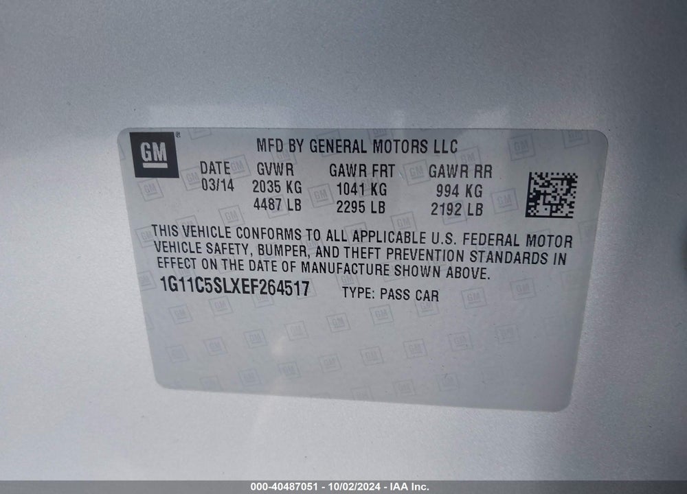 2014 CHEVROLET MALIBU 1LT VIN: 1G11C5SLXEF264517