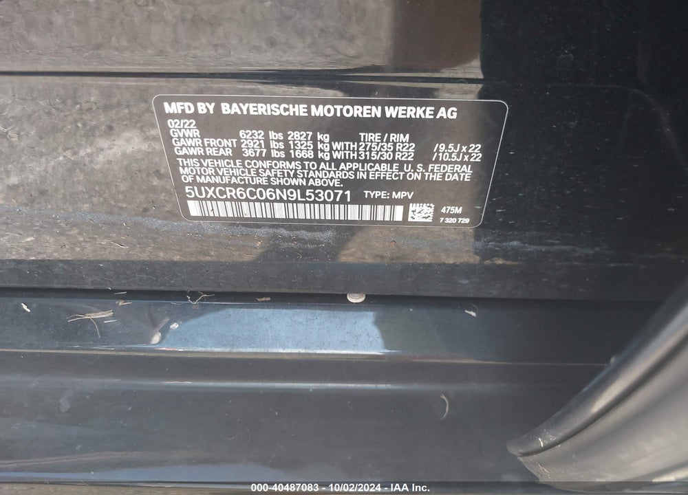 2022 BMW X5 XDRIVE40I VIN: 5UXCR6C06N9L53071