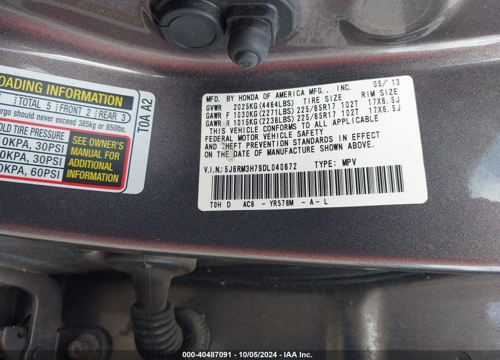 2013 HONDA CR-V EX-L VIN: 5J6RM3H79DL040672
