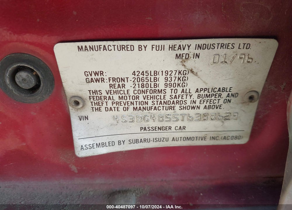 1996 SUBARU LEGACY OUTBACK VIN: 4S3BG4855T6388629