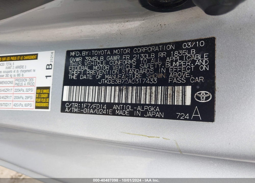 2010 SCION TC VIN: JTKDE3B72A0317433