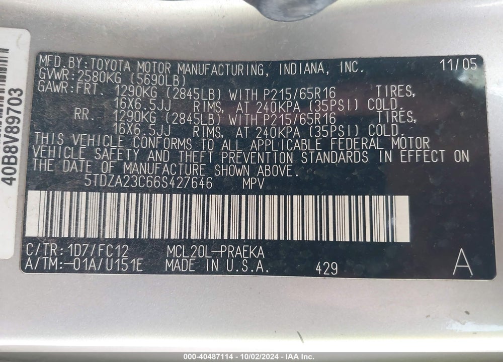 2006 TOYOTA SIENNA LE VIN: 5TDZA23C66S427646