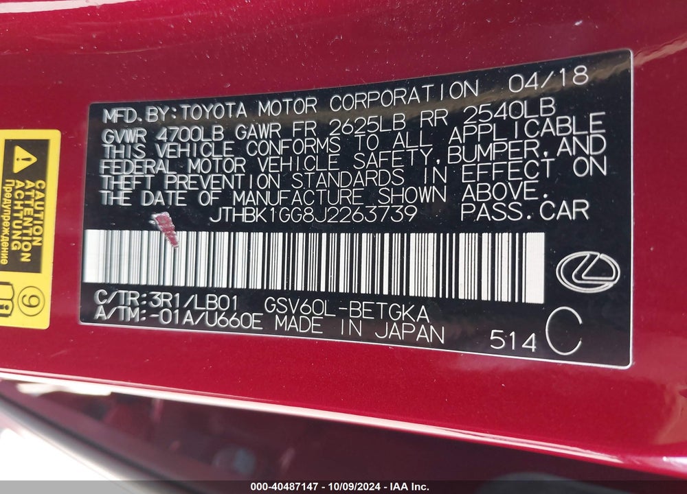 2018 LEXUS ES 350 VIN: JTHBK1GG8J2263739