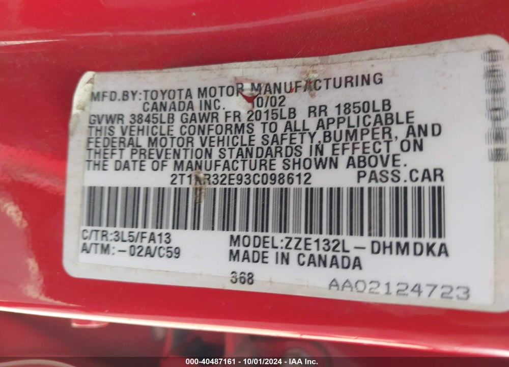 2003 TOYOTA MATRIX STANDARD VIN: 2T1KR32E93C098612