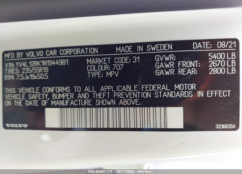 2022 VOLVO XC60 B5 MOMENTUM VIN: YV4L12RK1N1944981