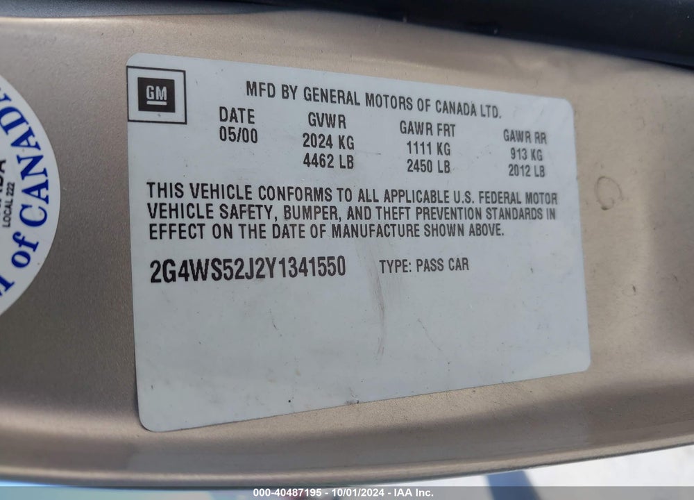 2000 BUICK CENTURY CUSTOM VIN: 2G4WS52J2Y1341550