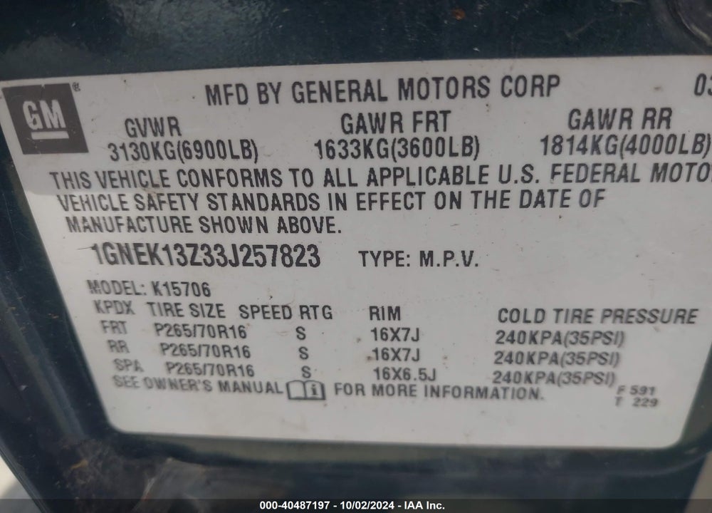 2003 CHEVROLET TAHOE LS VIN: 1GNEK13Z33J257823