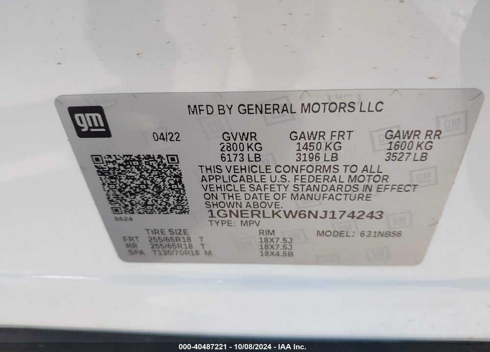 2022 CHEVROLET TRAVERSE FWD 1FL VIN: 1GNERLKW6NJ174243