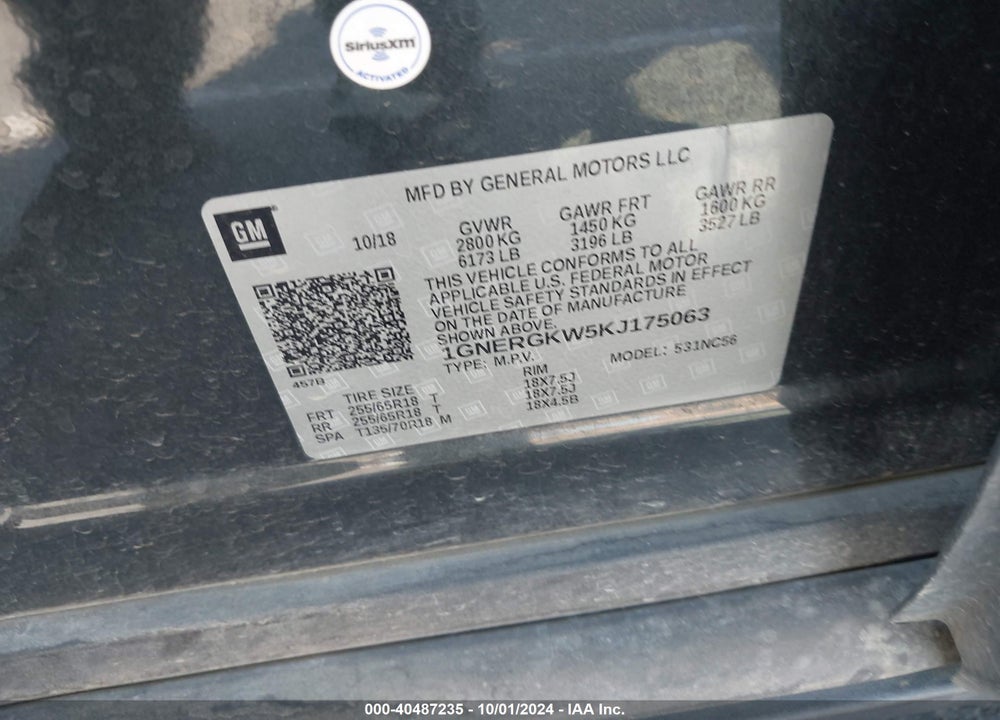 2019 CHEVROLET TRAVERSE 1LT VIN: 1GNERGKW5KJ175063
