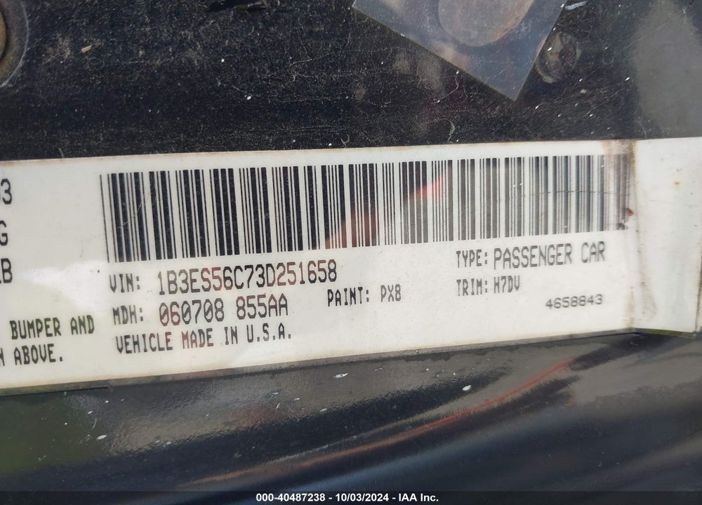 2003 DODGE NEON SXT VIN: 1B3ES56C73D251658