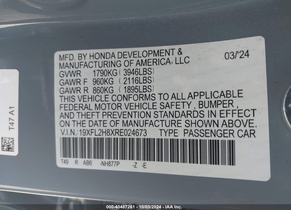 2024 HONDA CIVIC SPORT VIN: 19XFL2H8XRE024673