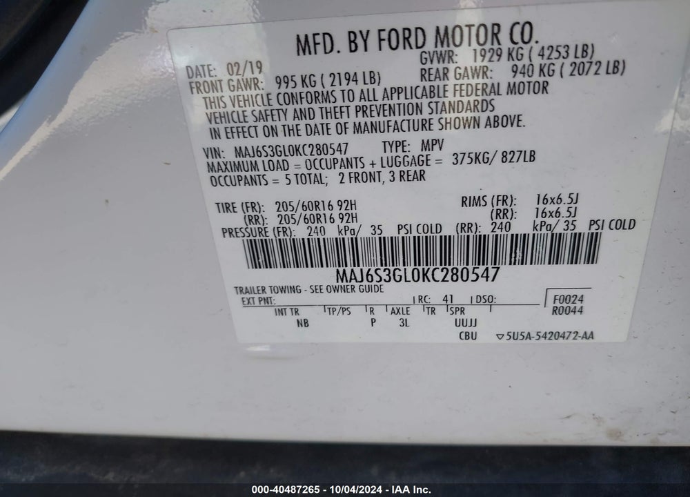 2019 FORD ECOSPORT SE VIN: MAJ6S3GL0KC280547
