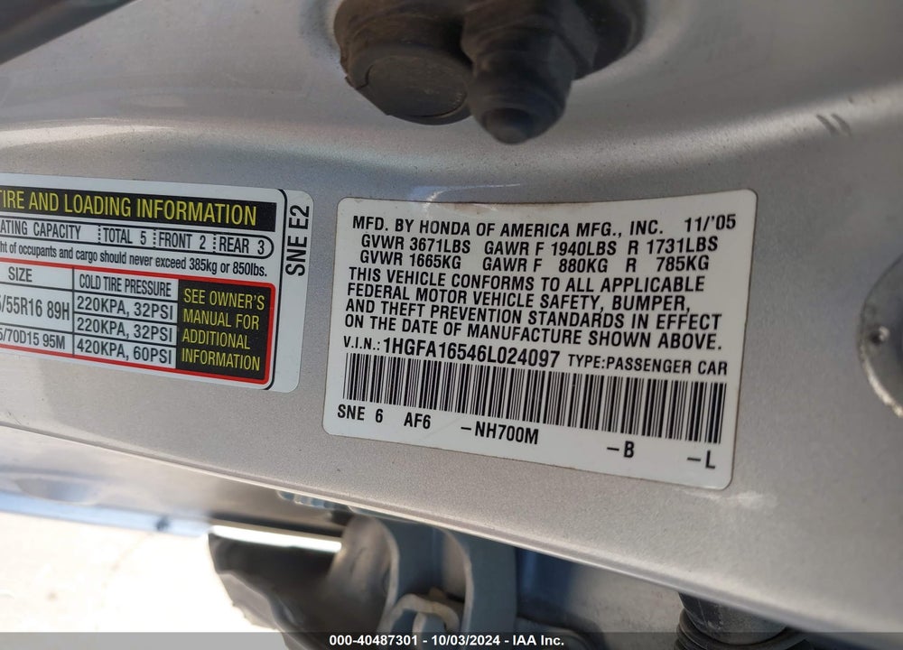 2006 HONDA CIVIC LX VIN: 1HGFA16546L024097