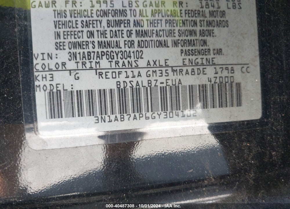 2016 NISSAN SENTRA S VIN: 3N1AB7AP6GY304102