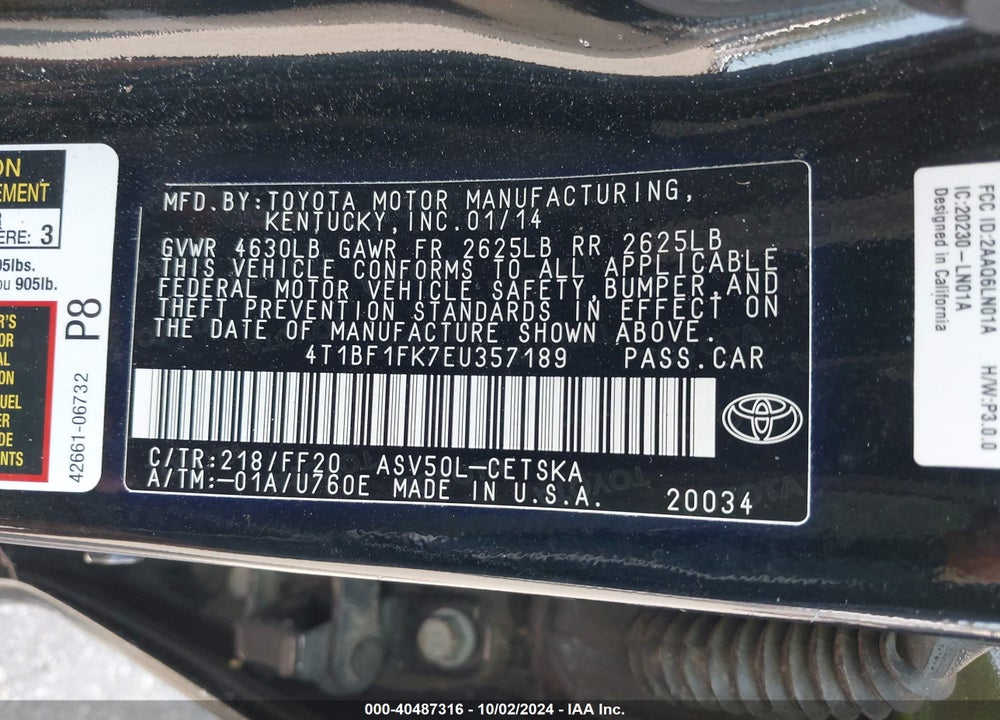 2014 TOYOTA CAMRY SE SPORT VIN: 4T1BF1FK7EU357189