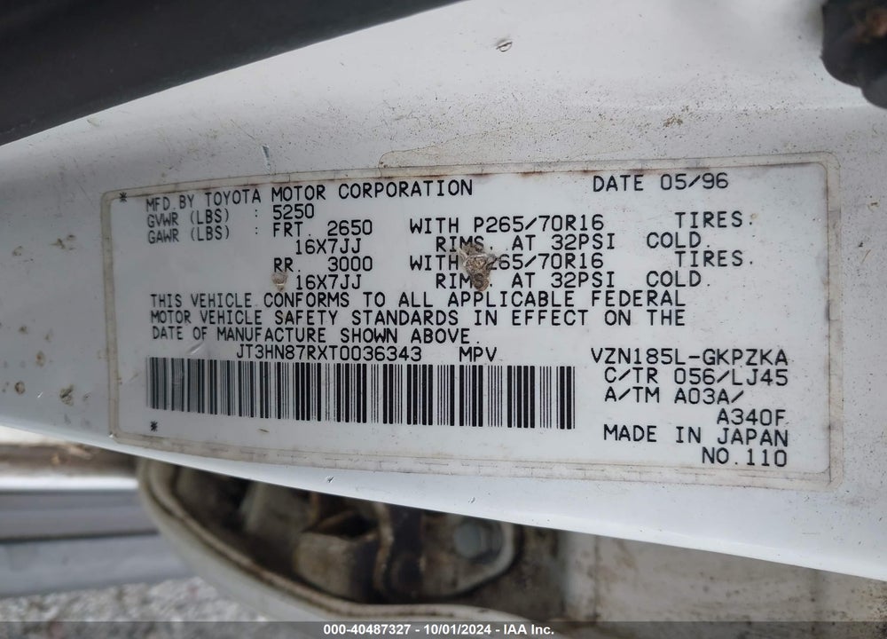 1996 TOYOTA 4RUNNER LIMITED VIN: JT3HN87RXT0036343