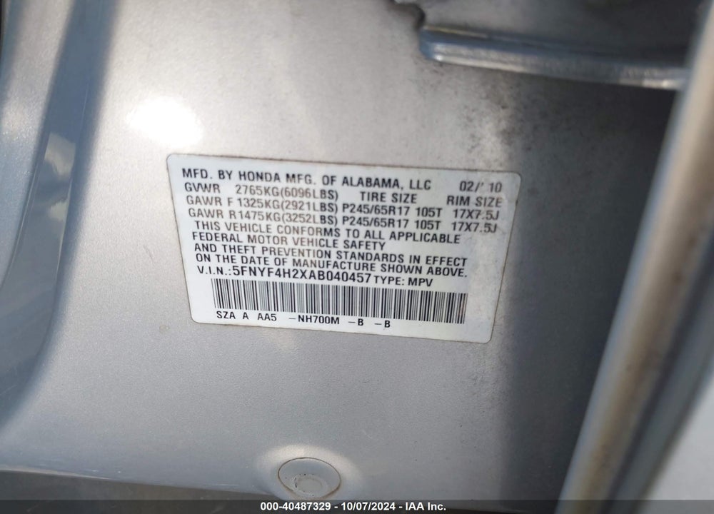 2010 HONDA PILOT LX VIN: 5FNYF4H2XAB040457