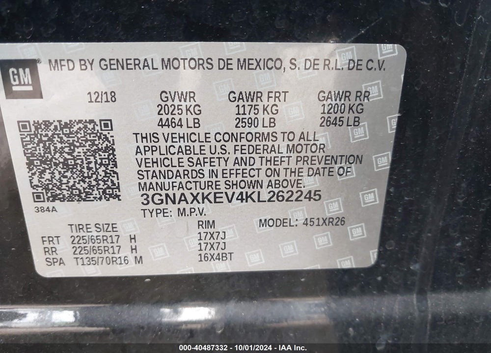 2019 CHEVROLET EQUINOX LT VIN: 3GNAXKEV4KL262245