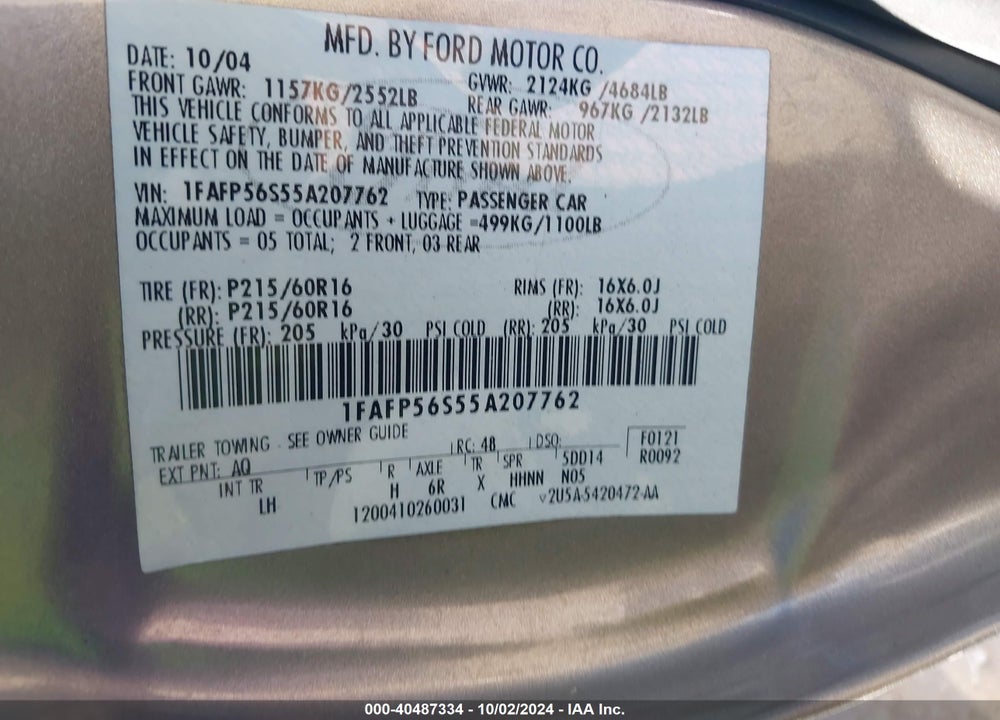 2005 FORD TAURUS SEL VIN: 1FAFP56S55A207762