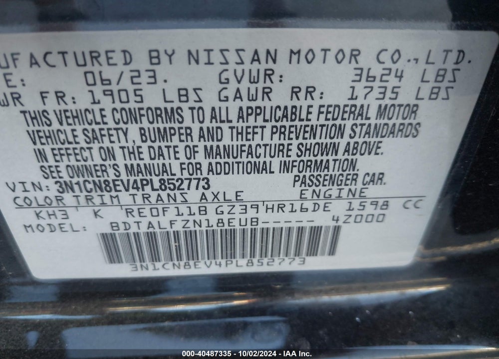 2023 NISSAN VERSA 1.6 SV XTRONIC CVT VIN: 3N1CN8EV4PL852773