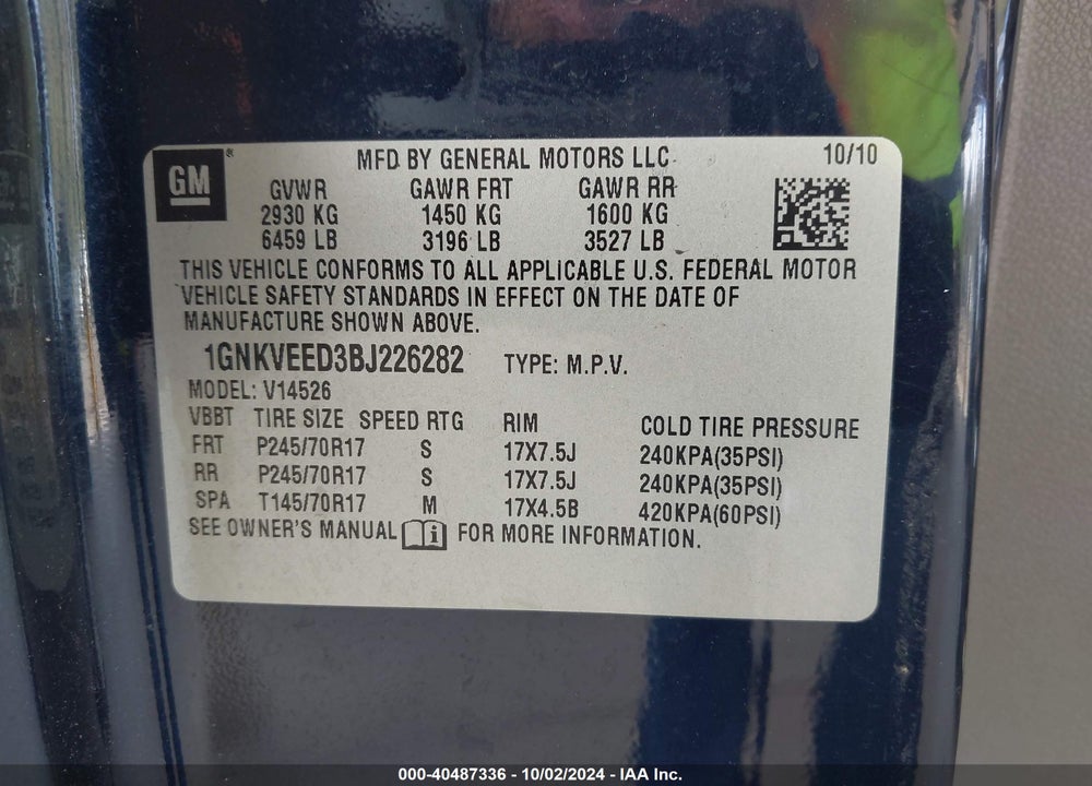 2011 CHEVROLET TRAVERSE LS VIN: 1GNKVEED3BJ226282