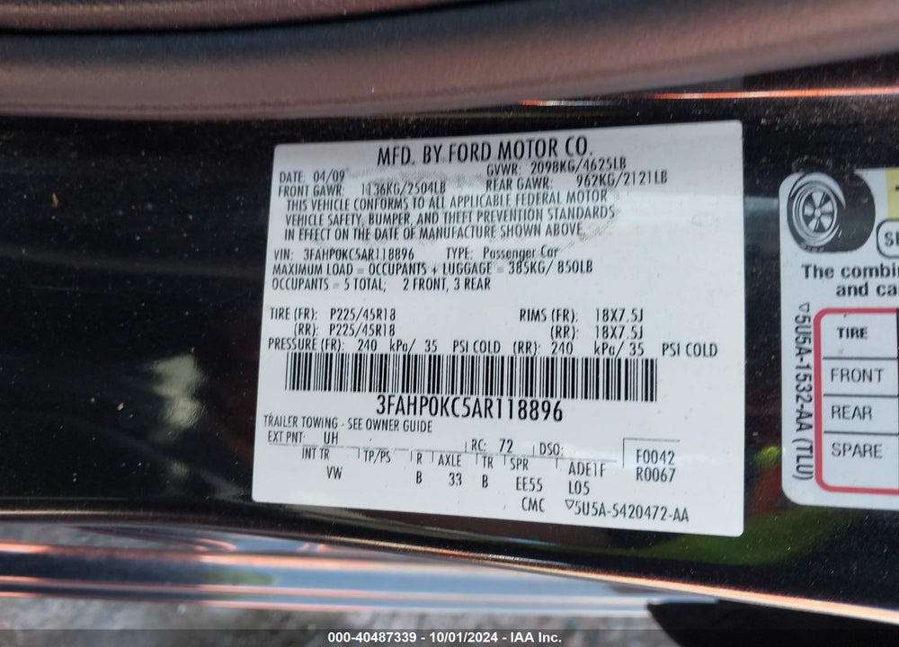 2010 FORD FUSION SPORT VIN: 3FAHP0KC5AR118896