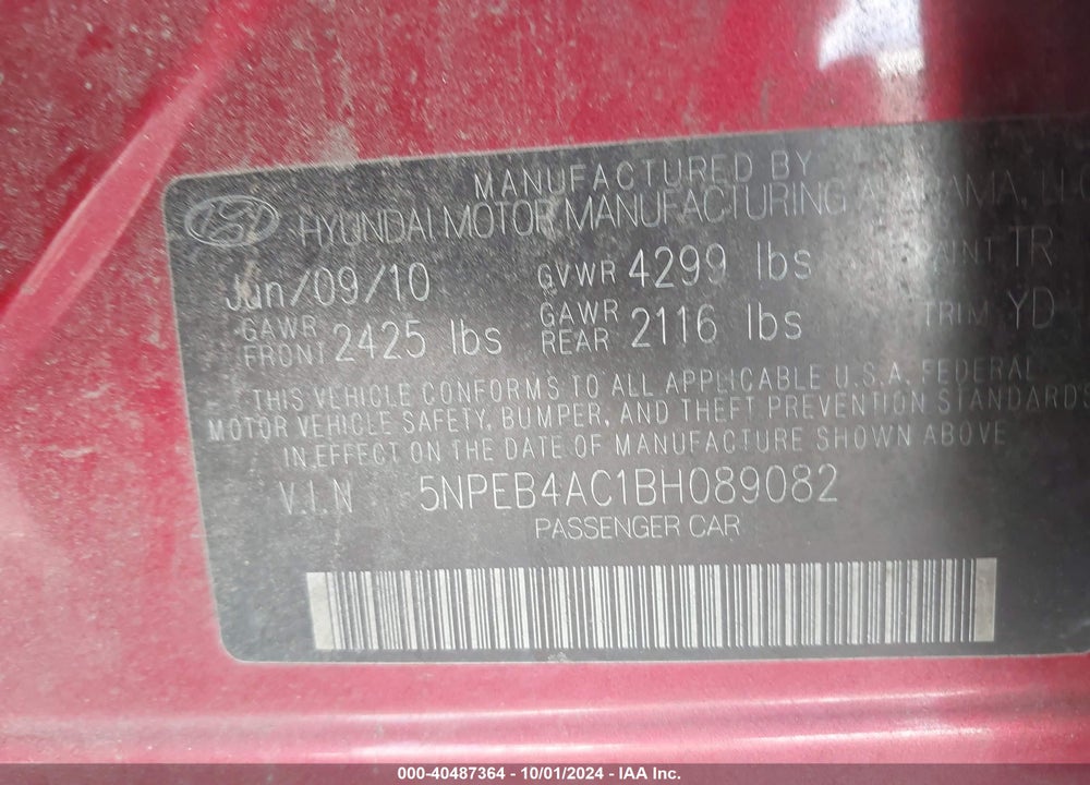 2011 HYUNDAI SONATA GLS VIN: 5NPEB4AC1BH089082