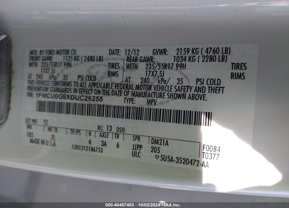 2013 FORD ESCAPE SE VIN: 1FMCU0G9XDUC26255