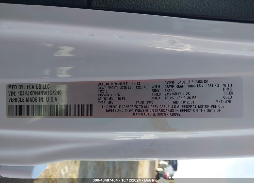 2022 ANGLER JEEP WR UNLIMITED SPORT S 4X4 VIN: 1C4HJXDN4NW137249