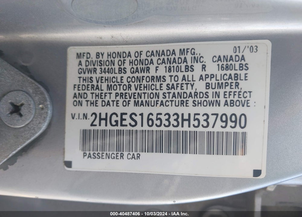 2003 HONDA CIVIC LX VIN: 2HGES16533H537990