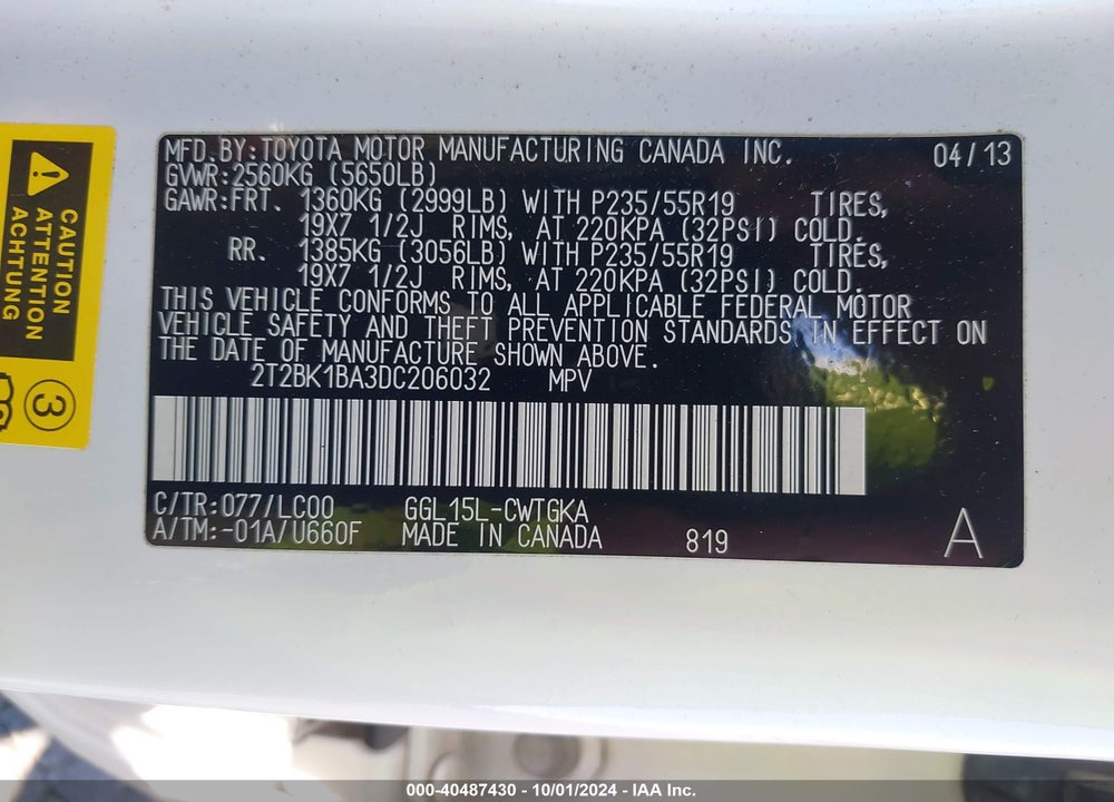 2013 LEXUS RX 350 VIN: 2T2BK1BA3DC206032