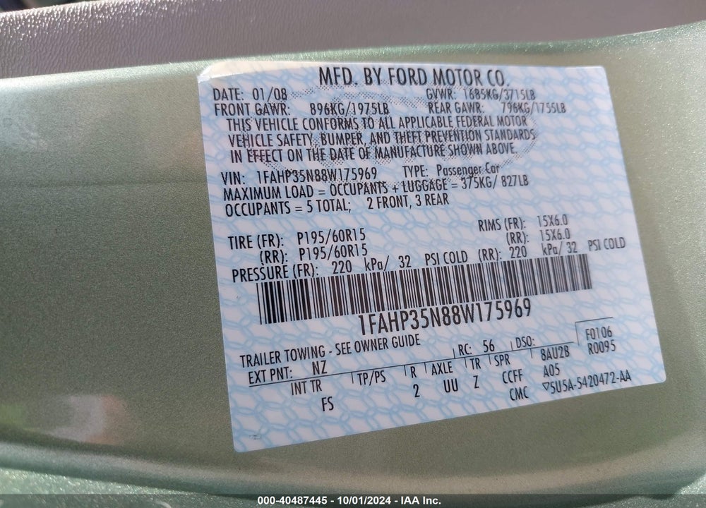 2008 FORD FOCUS SE/SES VIN: 1FAHP35N88W175969
