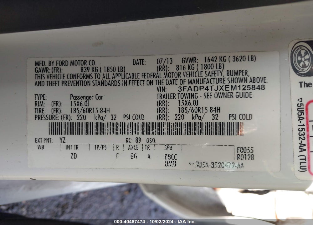 2014 FORD FIESTA S VIN: 3FADP4TJXEM125848