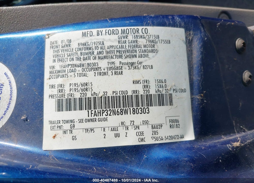2008 FORD FOCUS S VIN: 1FAHP32N68W180303