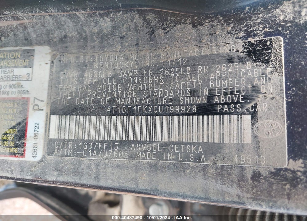2012 TOYOTA CAMRY SE VIN: 4T1BF1FKXCU199928